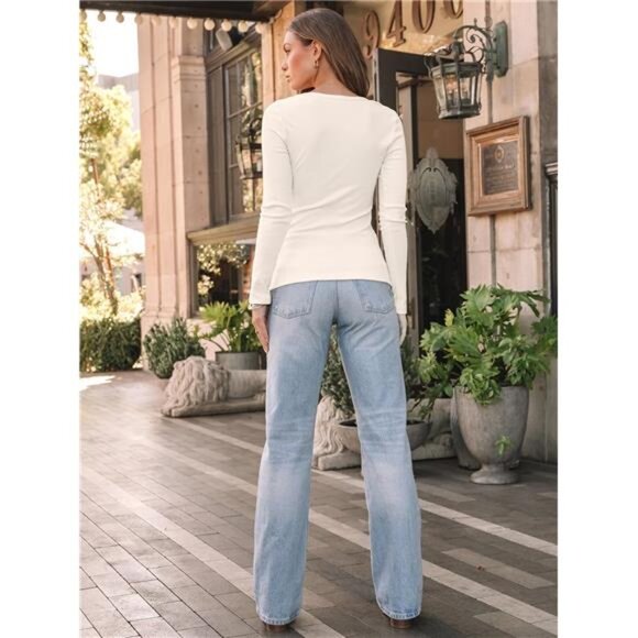 Soft Ribbed Long Sleeve Crewneck Top | Fleece Lined Stretch Tee for Women - Picture 5 of 6